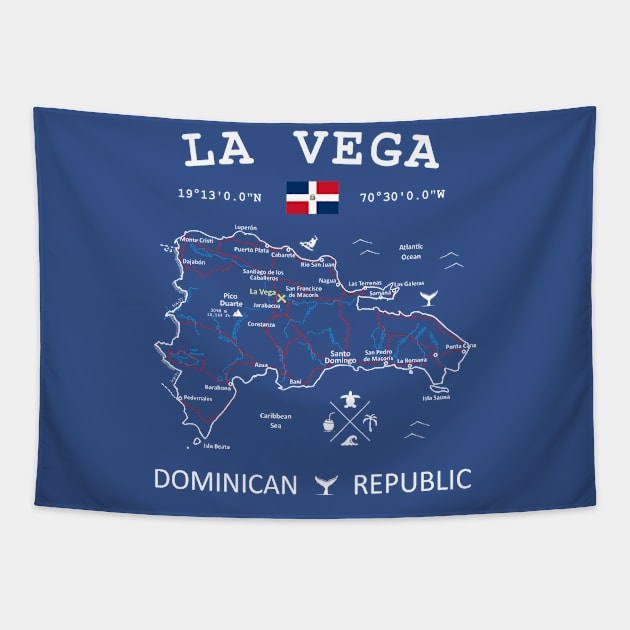 La Vega Dominican Republic Flag Travel Map Coordinates GPS Tapestry by French Salsa