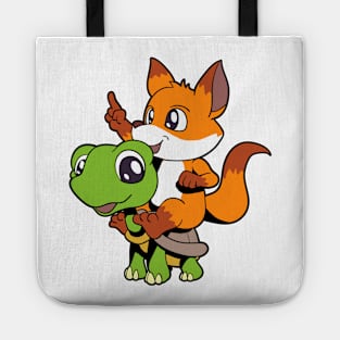 Cartoon - cute fox sitting on turtle Tote