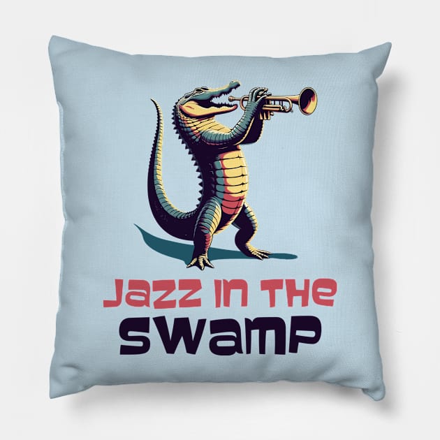 Jazz in the Swamp, alligator Pillow by Art_Boys