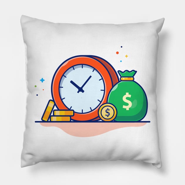 Clock with sack of coin cartoon Pillow by Catalyst Labs