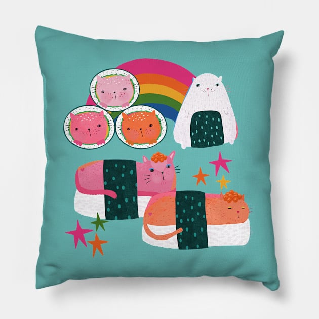 Sushi Cat Rainbow Rolls Pillow by Kathy Osborne Studio