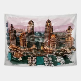 Dubai UAE Unique Watercolor Travel Souvenir Fine Art Painting Tapestry