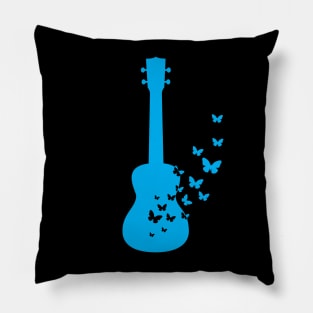 Ukulele Silhouette Turning Into Butterflies Blue Pillow