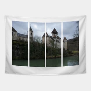 The castle of Cleron is a 14th-century castle on the river Loue in the Bourgogne-Franche-Comte. Cloudy winter day. Tapestry