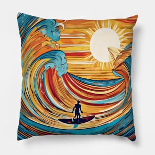 Surfer Riding the Waves in a Mesmerizing Sunlit Painting Pillow