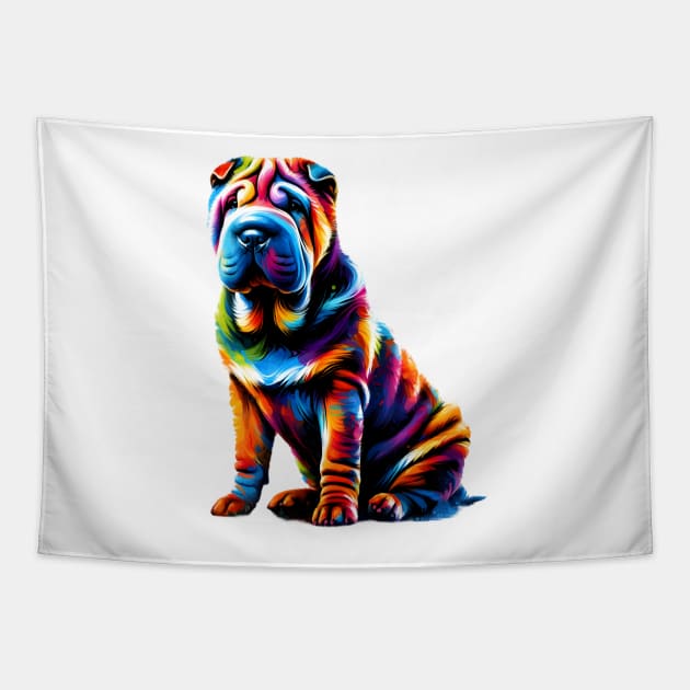 Vibrant Abstract Chinese Shar-Pei Artistic Portrait Tapestry by ArtRUs