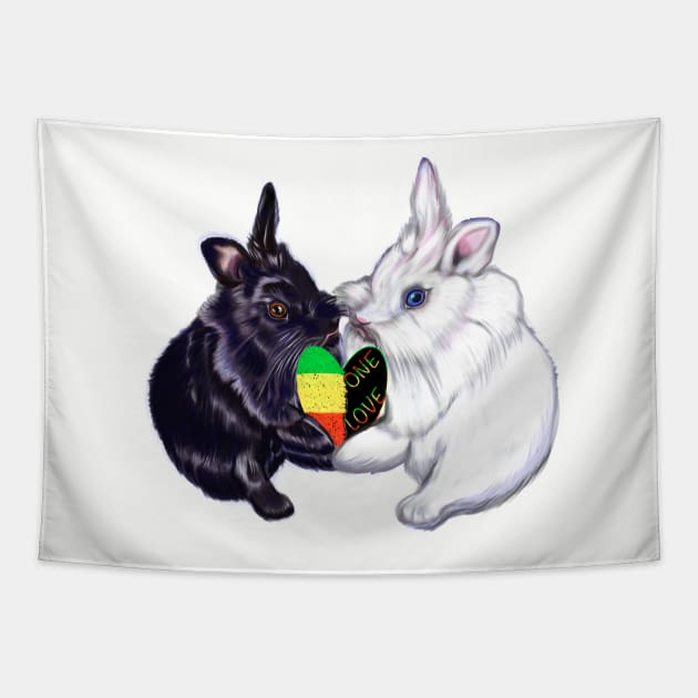 Reggae bunnies - bunny rabbits holding a love heart shape - pair of cute furry ebony and snow colored coloured lionhead bunny rabbit Tapestry by Artonmytee