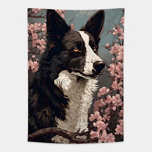 Border Collie and Cherry Blossoms - Japanese Ukiyo-e Painting Tapestry