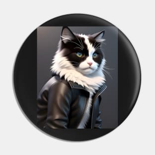 Cat in Leather Jacket - Modern Digital Art Pin