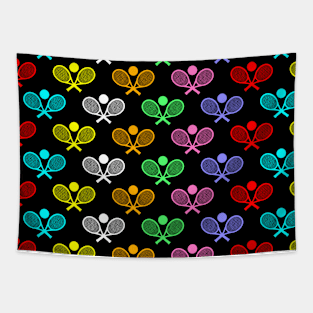 Colorful Tennis Seamless Pattern - Racket and Ball on Black Background Tapestry