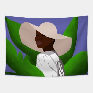 Woman with tropical banana leaves Tapestry