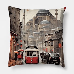 Istanbul Turkey Rainy Night Vintage Retro Travel Tourism Pillow