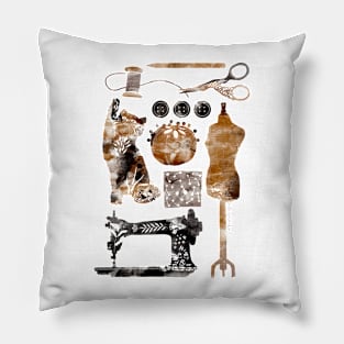 Sewing Supplies with Cat Watercolor Folk Art Pillow