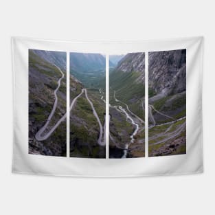 Wonderful landscapes in Norway. Vestland. Beautiful scenery of Trollstigen winding roads and valley on the Geiranger Trollstigen scenic route at midnight sun. Snowed mountains, stream Tapestry