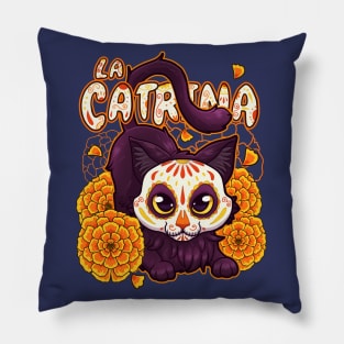 black furry cute cat with catrina skull mask and flowers Pillow