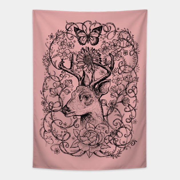 Deer with flowers - Black and White drawing - Spirt animal stag. Tapestry by FanitsaArt