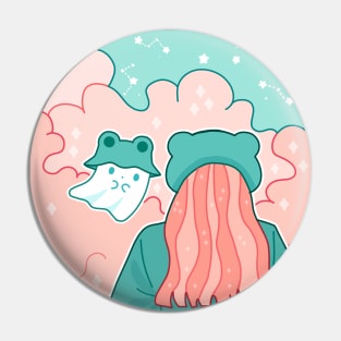 A ghost and a girl with froggy hats look at each other under the moonlight Pin