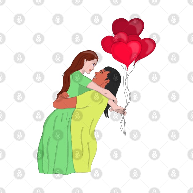 Women Couple Hugging While Holding Heart Shaped Balloons by DiegoCarvalho