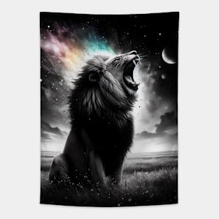 Monochromatic Lion Within Rainbow Color Splash Tapestry