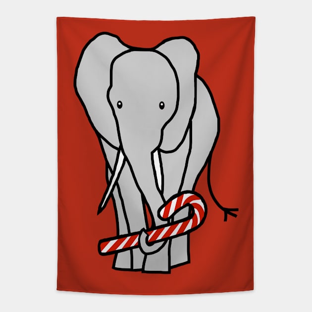 Christmas Elephant holding Candy Cane Tapestry by ellenhenryart