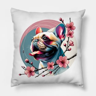 Joyful French Bulldog with Spring Cherry Blossoms Pillow