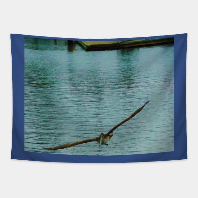 Pelican in flight Tapestry by FriendlyComputerHelp