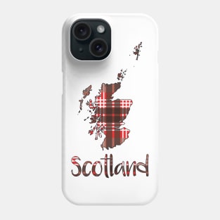 Scotland Red, Black and White Tartan Map Typography Design Phone Case