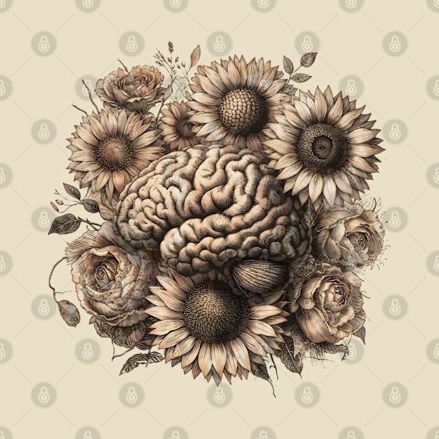 Brain sunflowers Bloom, leaves, vintage sunflowers, Positivity, creativity, right hemisphere brain, health, Mental by Collagedream