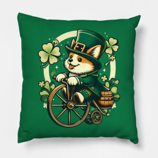 Corgi Riding a Vintage Cycle - St Patrick's Day Pillow