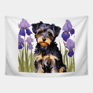 Yorkipoo Amongst Blue Irises Tapestry