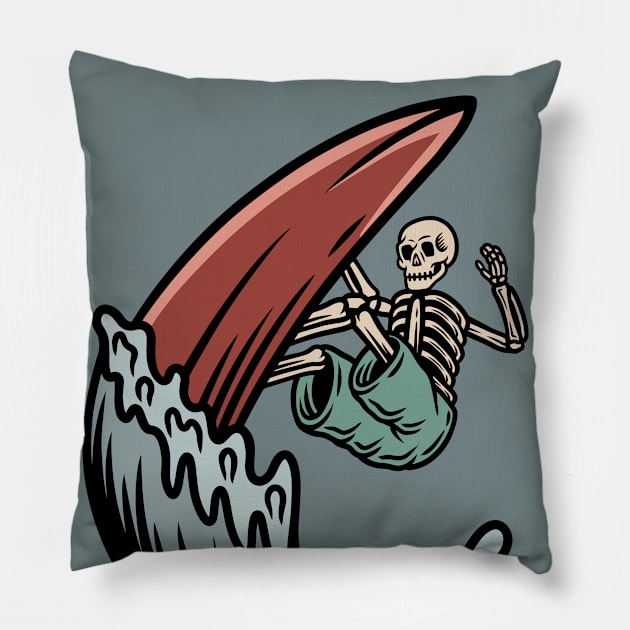 Retro Surfing Skeleton Pillow by SLAG_Creative