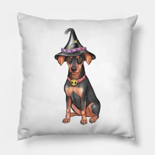 Watercolor Doberman Pinscher Dog in Witch Hat Pillow