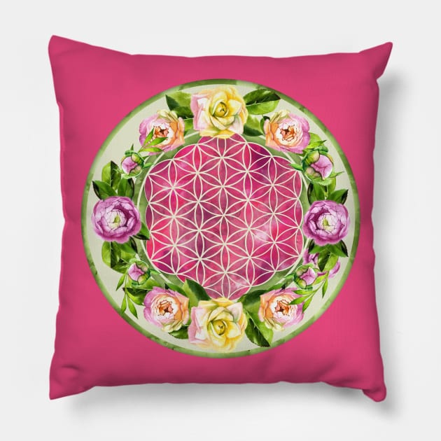 Flower of life in watercolor flower wreath Pillow by Nartissima