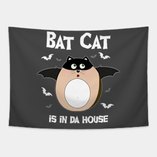 Halloween bat cat - white font Tapestry