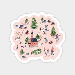 Cute nordic alpine skiing lodge cosy chalet winter landscape scene Magnet