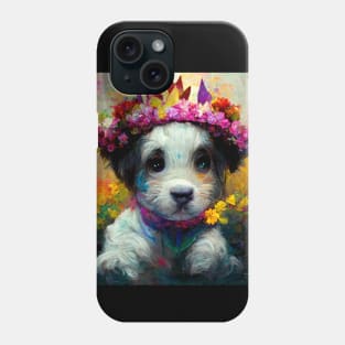 Sweet little puppy wearing a crown of beautiful flowers. Phone Case