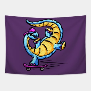 Skateboarding Diplodocus Dinosaur Cartoon Character Logo Mascot Tapestry