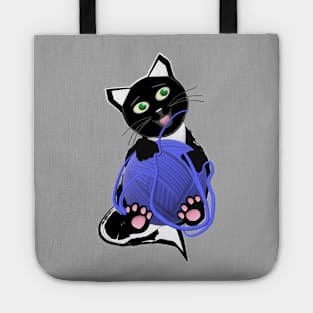 Funny and Cute Tuxedo Cat with a Big Ball of Yarn Tote