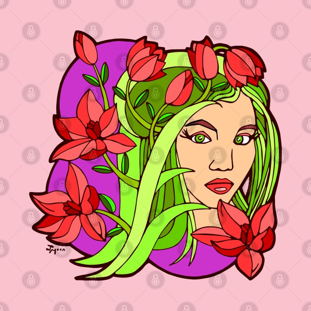 Red Lilies and Green Girl by Julia Moon