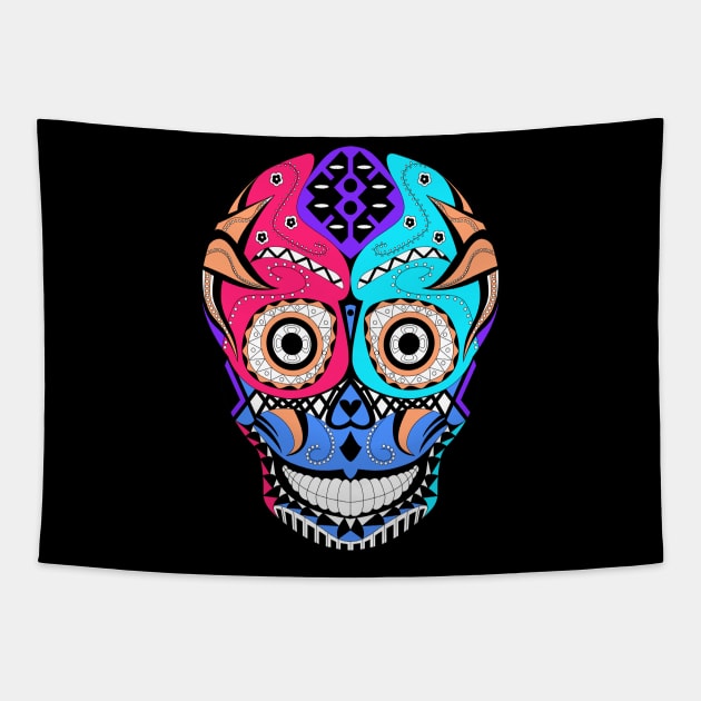 skeleton smile in mexican pattern Tapestry by jorge_lebeau