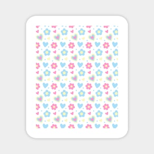 Retro Flowers and Hearts Pattern in Pink, Yellow, Light Blue Magnet