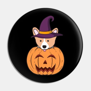 Halloween Cute Corgi With Witch Hat Stuck In A Pumpkin Head. Pin