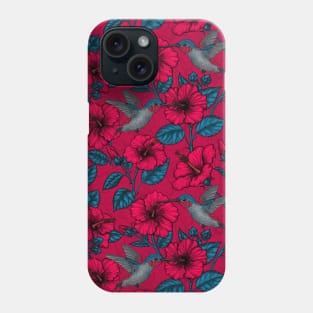 Red hibiscus and hummingbirds, tropical garden on red Phone Case