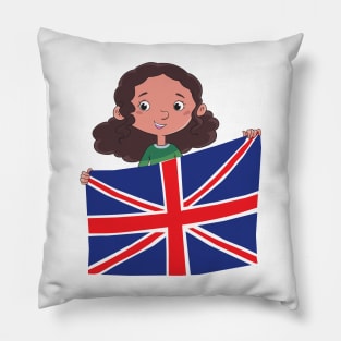 girl holding a large spread British flag Pillow