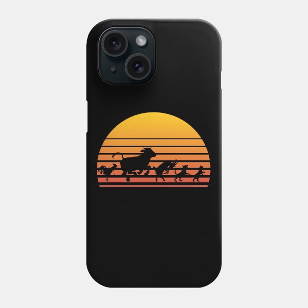 Retro Sunset Dancing Animals Chicken Cow Goat Dog and Cat Phone Case by Dibble Dabble Designs