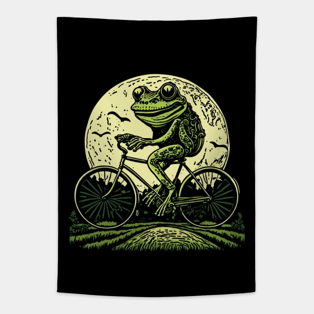 Cottagecore Frog Riding Bicycle Tapestry by Apocatnipse Meow