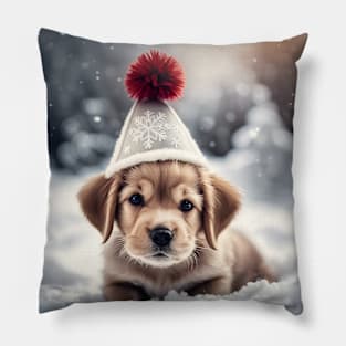 Puppy with Christmas Hat Pillow