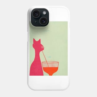 Sipping Kitty Retro Poster Vintage Art Cocktail Wall Orange Pink Illustration Phone Case