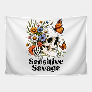 "Sensitive Savage" Skull & Flowers Tapestry