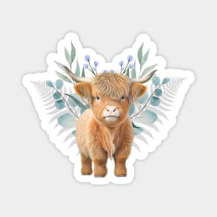 Adorable baby Scottish mountain Cow - beautiful flowers and leaves Magnet